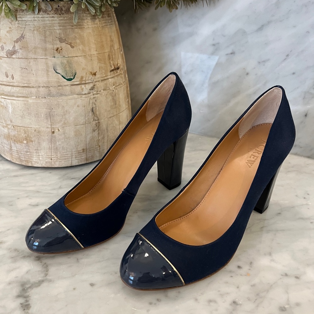J Crew navy blue satin patent leather pumps